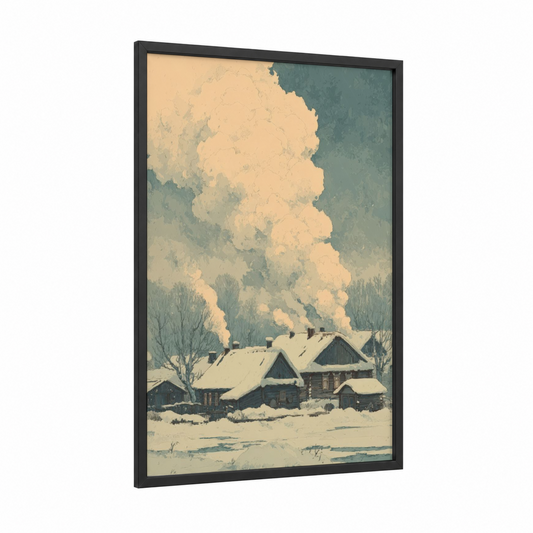 Snowy Village Retreat framed art print — black wood frame — cream and dove gray palette