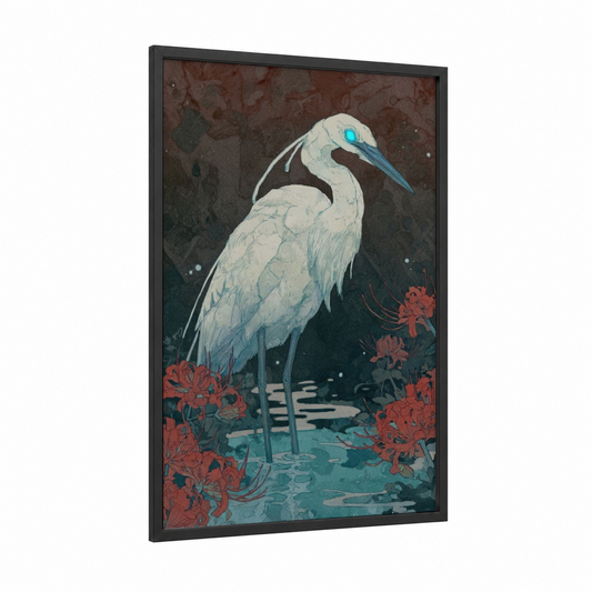Celestial Heron framed sci-fi print — black wood frame — white and teal palette