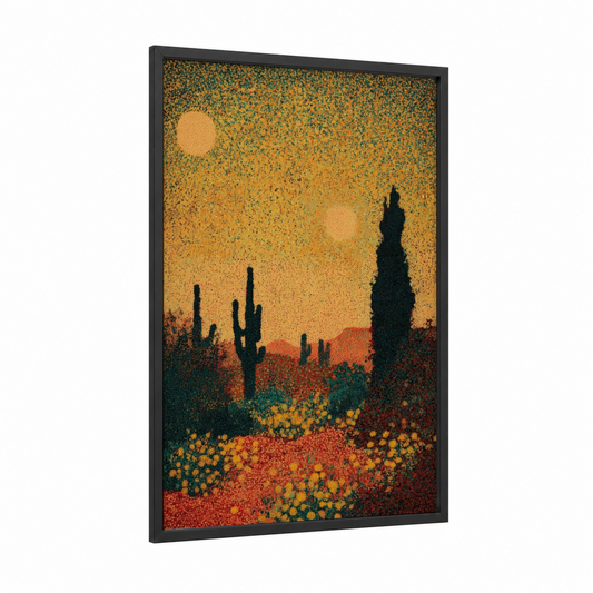Desert Sunset Cactus framed art print — black wood frame — gold and orange palette