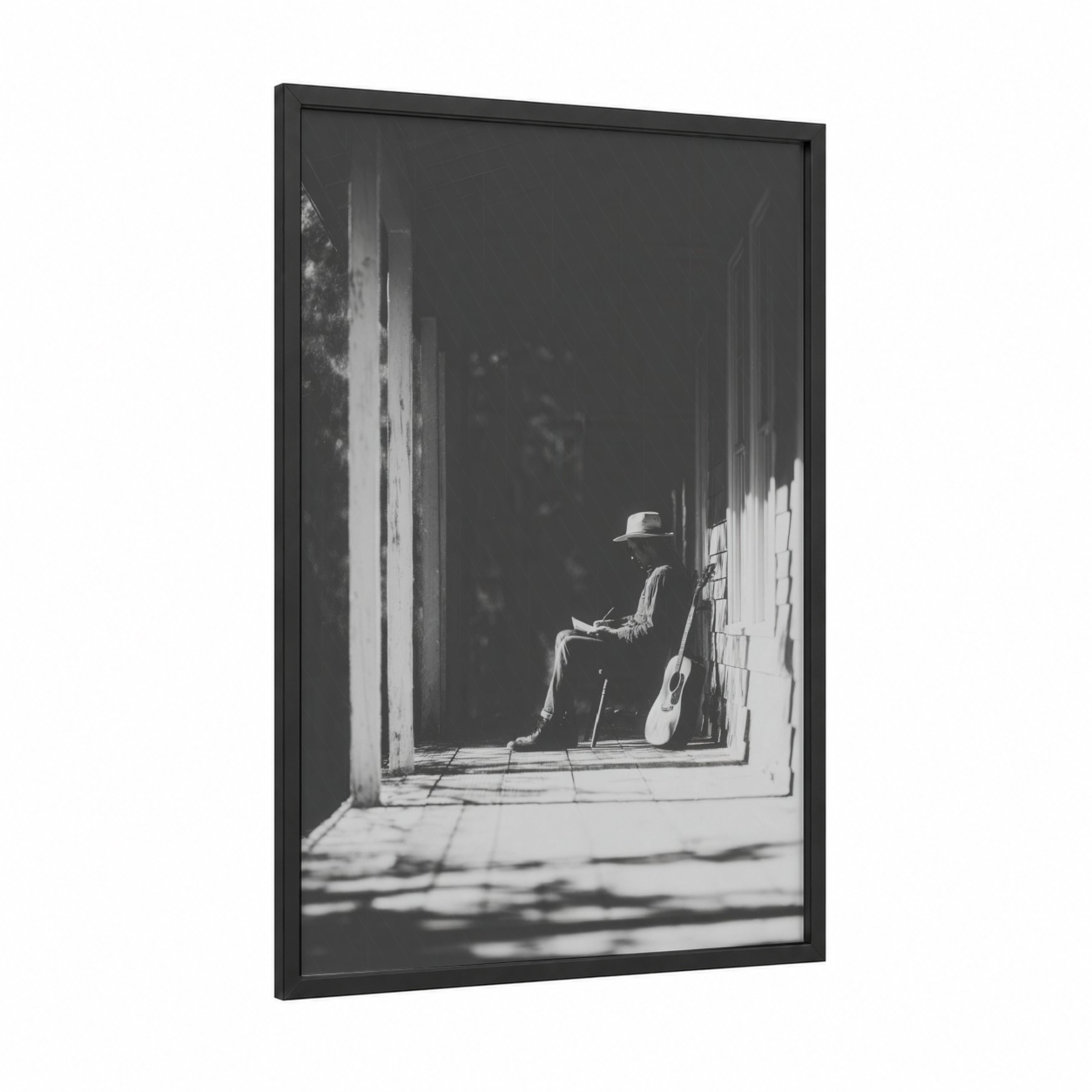 Solitary Guitarist framed country print — black wood frame — black and white and gray palette