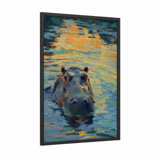 Golden Hour Hippo framed art print — black wood frame — gold and teal palette