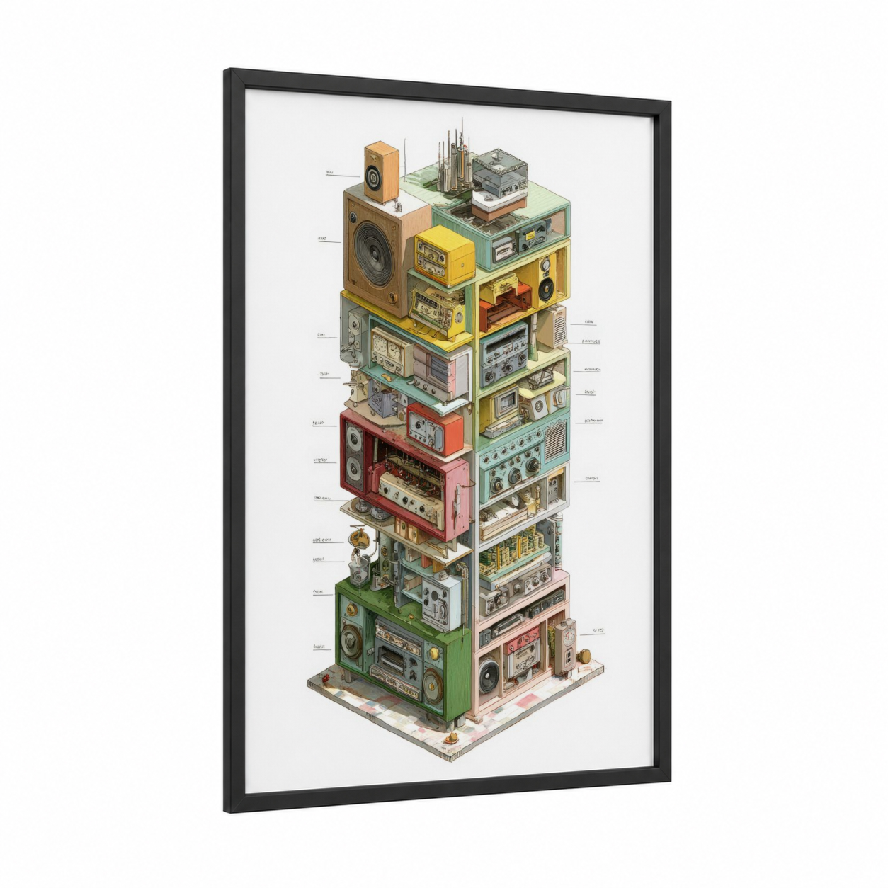 Audio Equipment Blueprint framed blueprints print — black wood frame — yellow gold palette