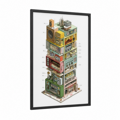 Audio Equipment Blueprint framed blueprints print — black wood frame — yellow gold palette