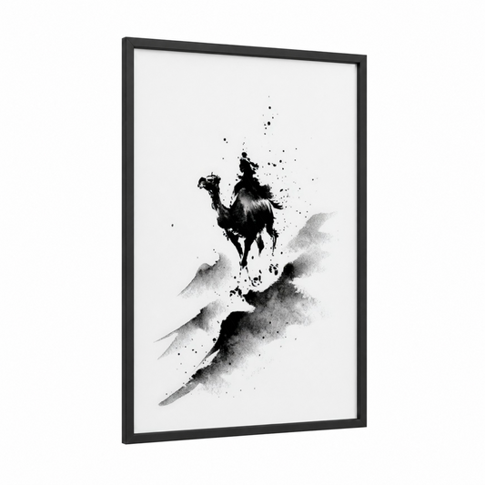 Desert Camel framed art print — black wood frame — black and white and gray palette