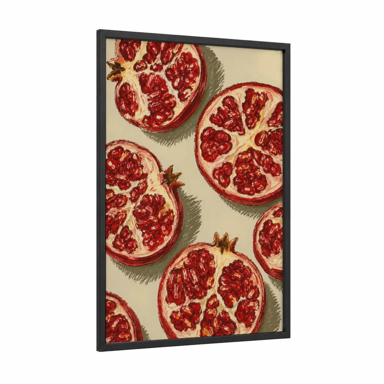 Pomegranate Slices Kitchen Wall Art framed fruit print — black wood frame — red and beige palette