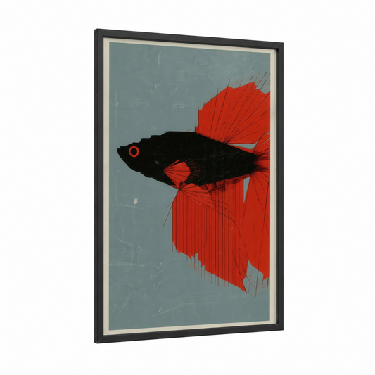 Crimson Betta Fish framed fighting fish print — black wood frame — red and black palette