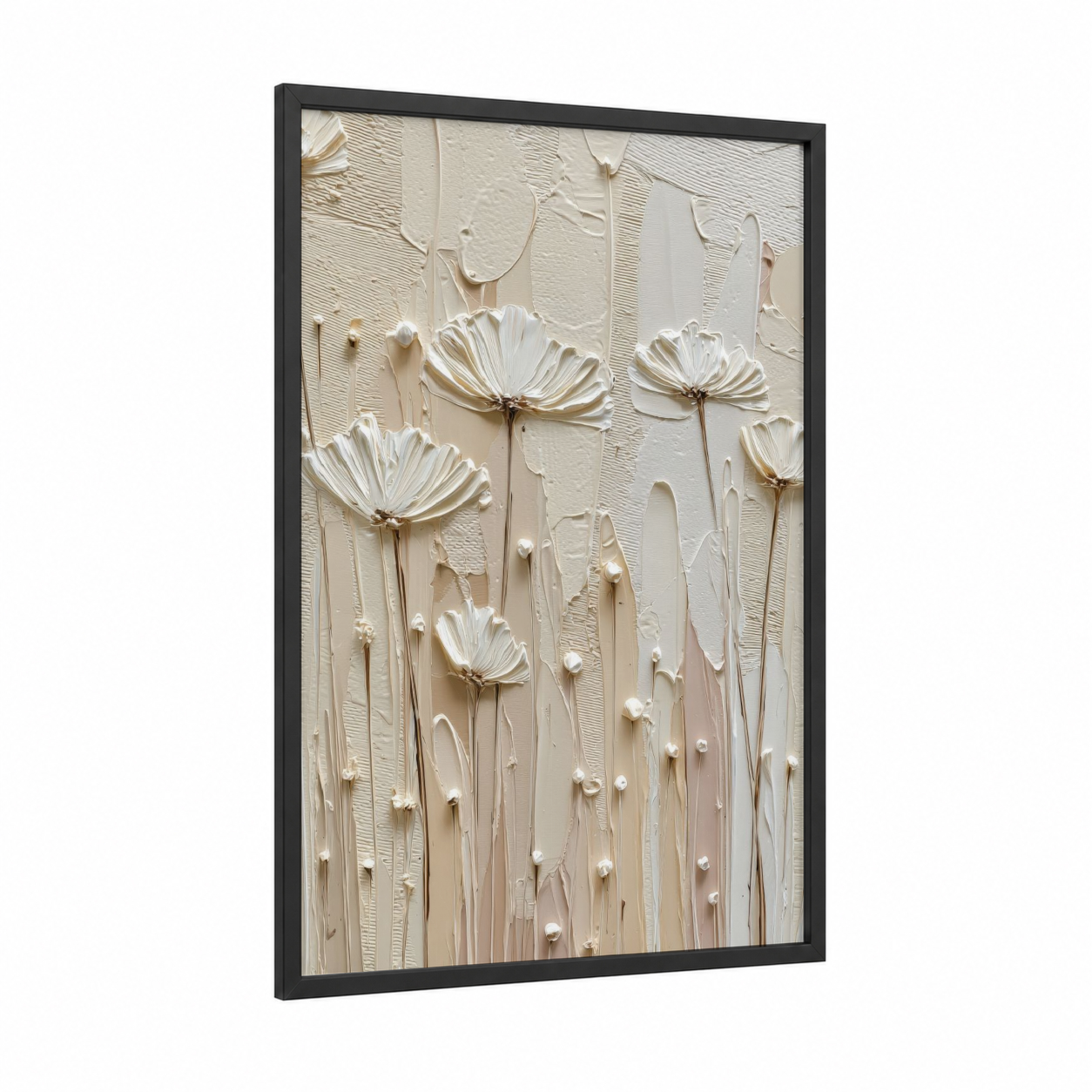 Textured Daisies framed abstract flower print — black wood frame — cream and white palette