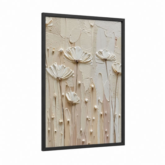 Textured Daisies framed abstract flower print — black wood frame — cream and white palette