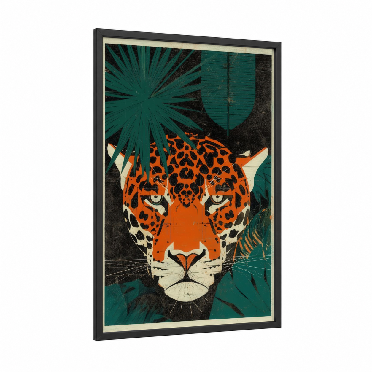Jungle Jaguar framed art print — black wood frame — orange and teal palette