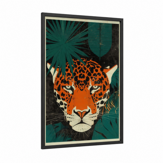 Jungle Jaguar framed art print — black wood frame — orange and teal palette