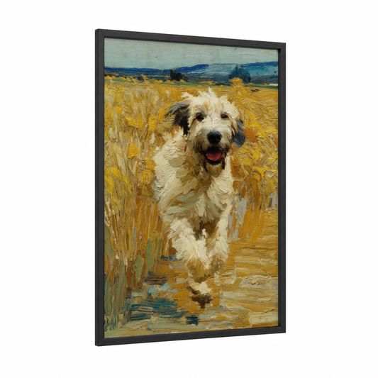 Golden Field Terrier framed art print — black wood frame — yellow gold and blue palette