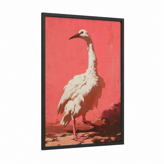 Crimson Swan framed art print — black wood frame — salmon pink and cream palette