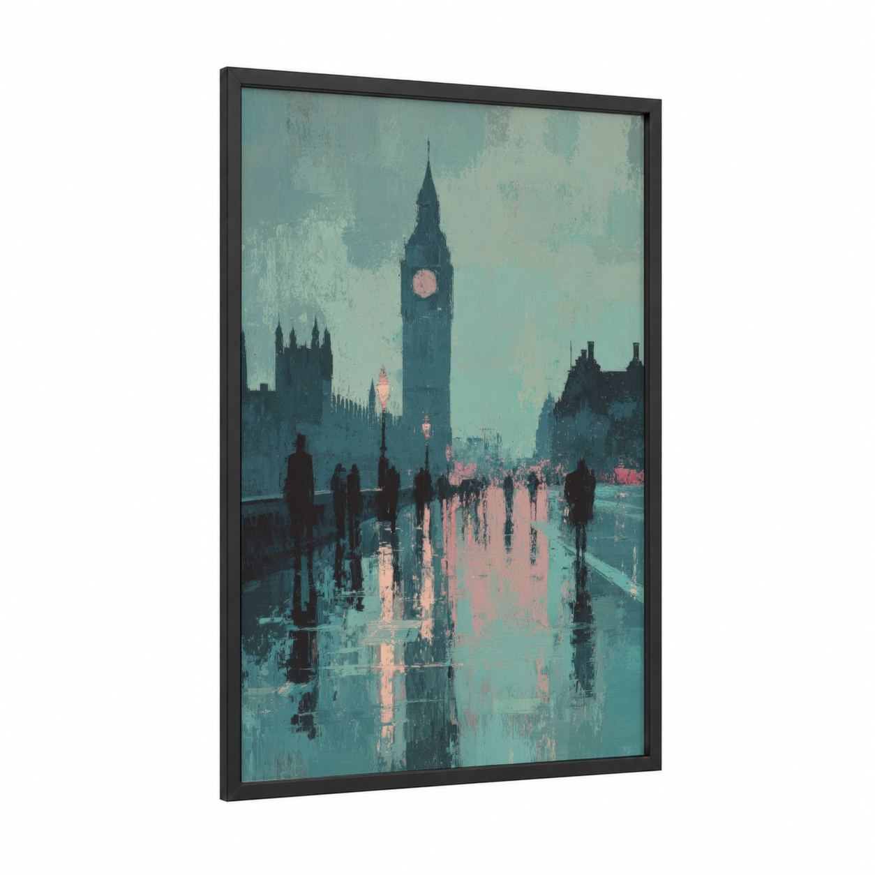 Rainy London Dreamscape framed monuments print — black wood frame — teal and salmon pink palette