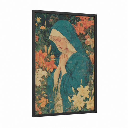 Garden Virgin Mary framed art print — black wood frame — teal and cream palette