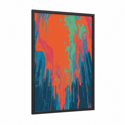 Neon Cityscape Surge framed extraterrestrial print — black wood frame — orange and blue palette