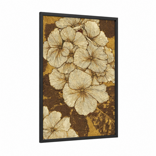 Cream Hydrangea Study framed art print — black wood frame — cream and brown palette