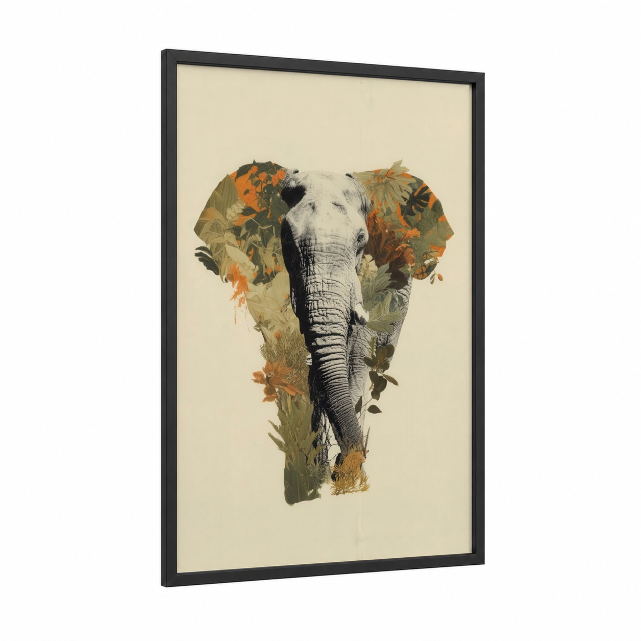 Autumn Elephant framed savanna elephant print — black wood frame — gold and olive palette