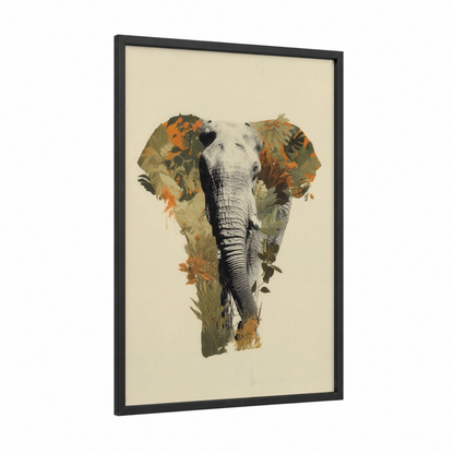 Autumn Elephant framed savanna elephant print — black wood frame — gold and olive palette