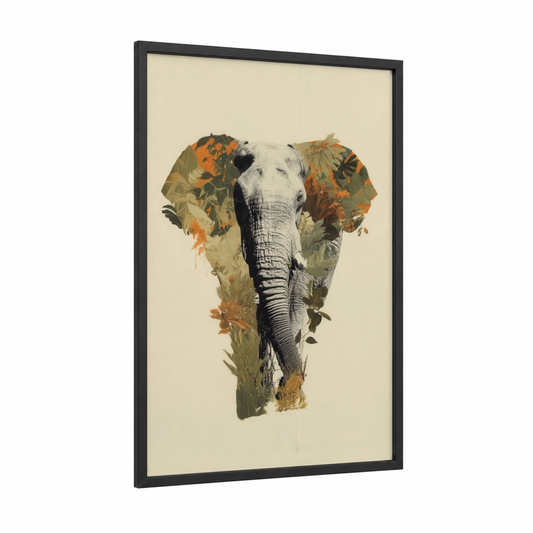 Autumn Elephant framed savanna elephant print — black wood frame — gold and olive palette