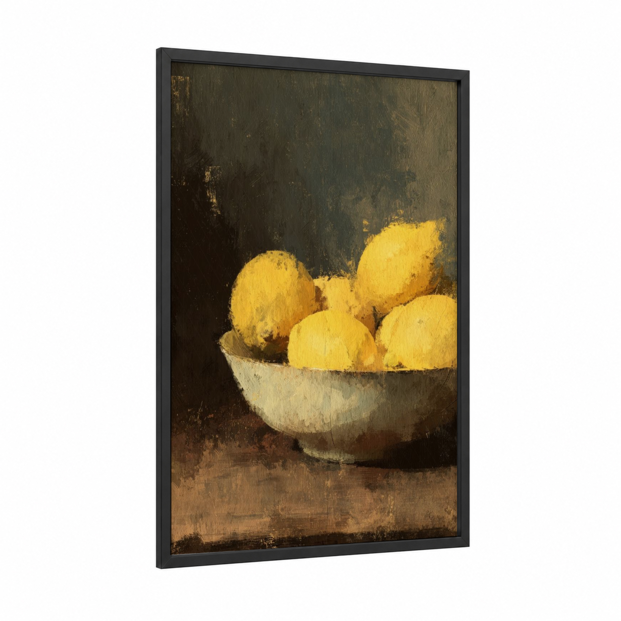 Golden Lemons Bowl framed fruit print — black wood frame — yellow gold and brown palette