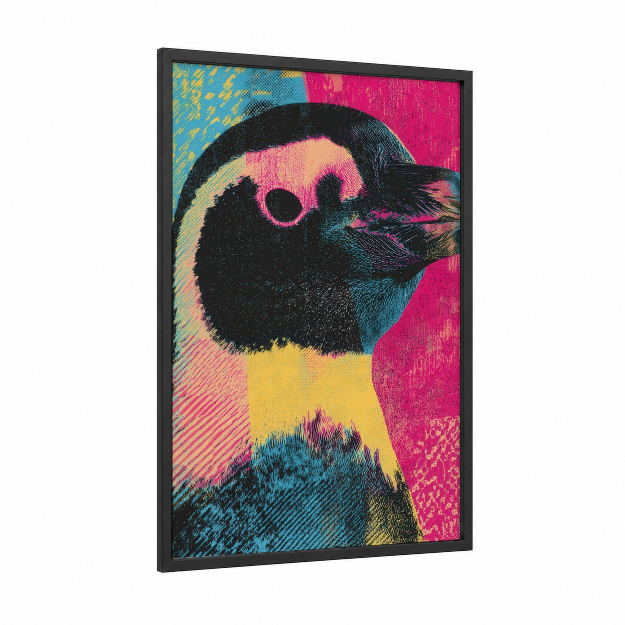 Pop Art Penguin framed art print — black wood frame — magenta and teal palette
