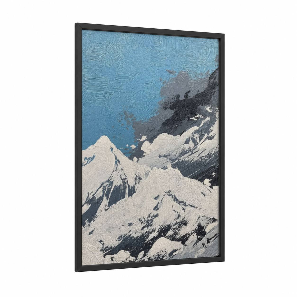 Alpine Summit framed abstract classic print — black wood frame — blue and white palette