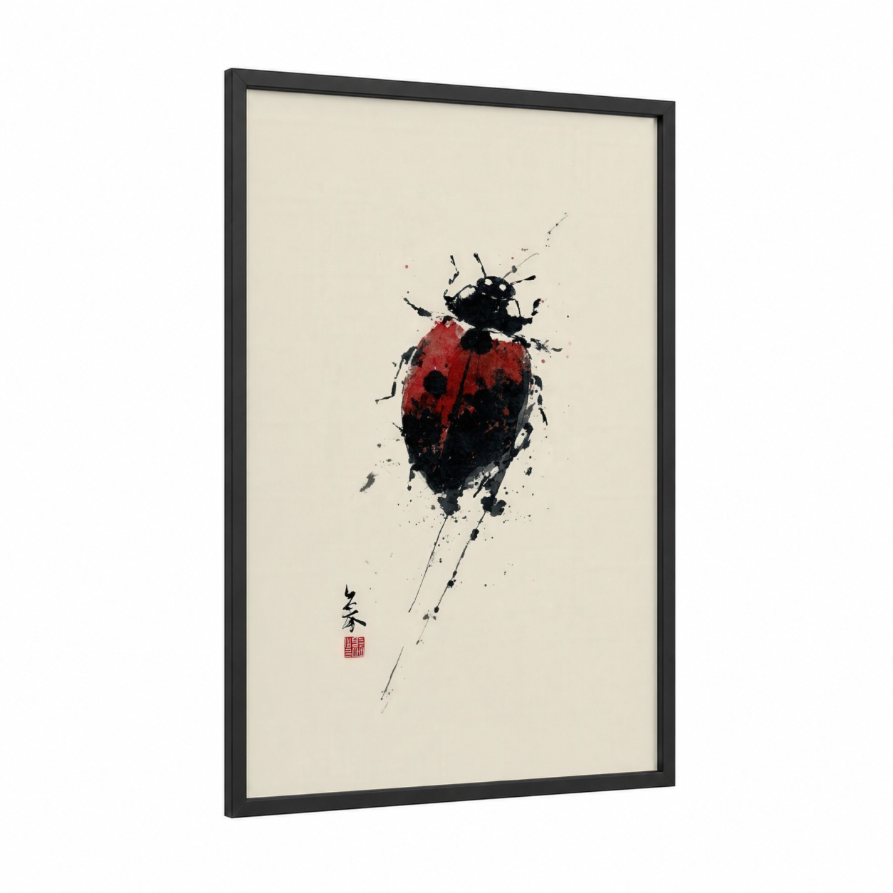 Splatter Ladybug framed art print — black wood frame — red and black and white palette
