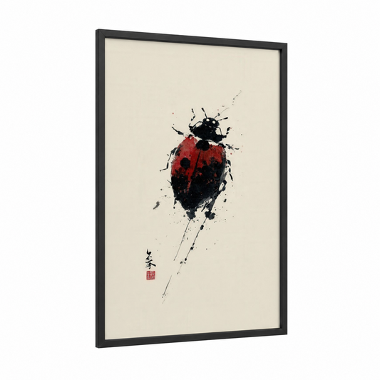 Splatter Ladybug framed art print — black wood frame — red and black and white palette
