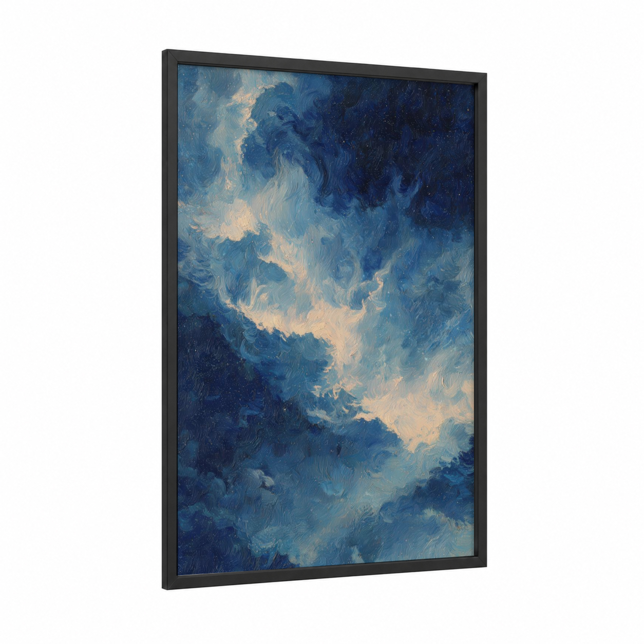 Celestial Dreamscape framed nebula print — black wood frame — blue and cream palette