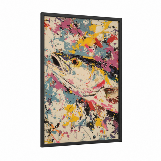 Splash Snook framed art print — black wood frame — gold and magenta palette