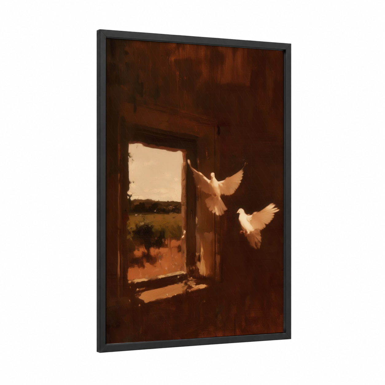 Doves in Light framed art print — black wood frame — gold and brown palette