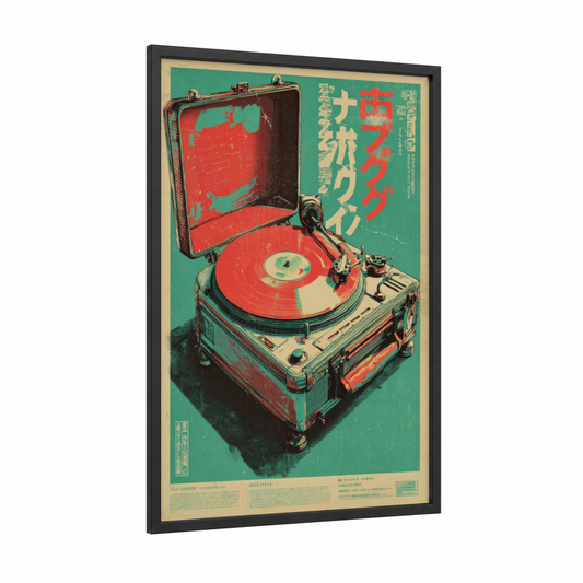 Turntable Revival framed vintage japanese ads print — black wood frame — red and teal palette