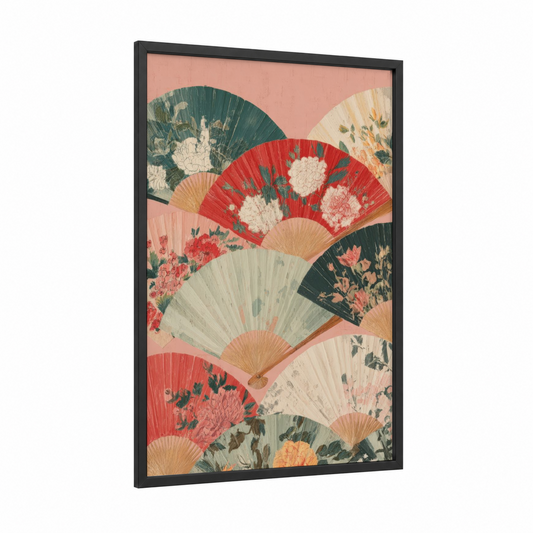 Floral Fan Collection framed accessories print — black wood frame — peach and sage green palette