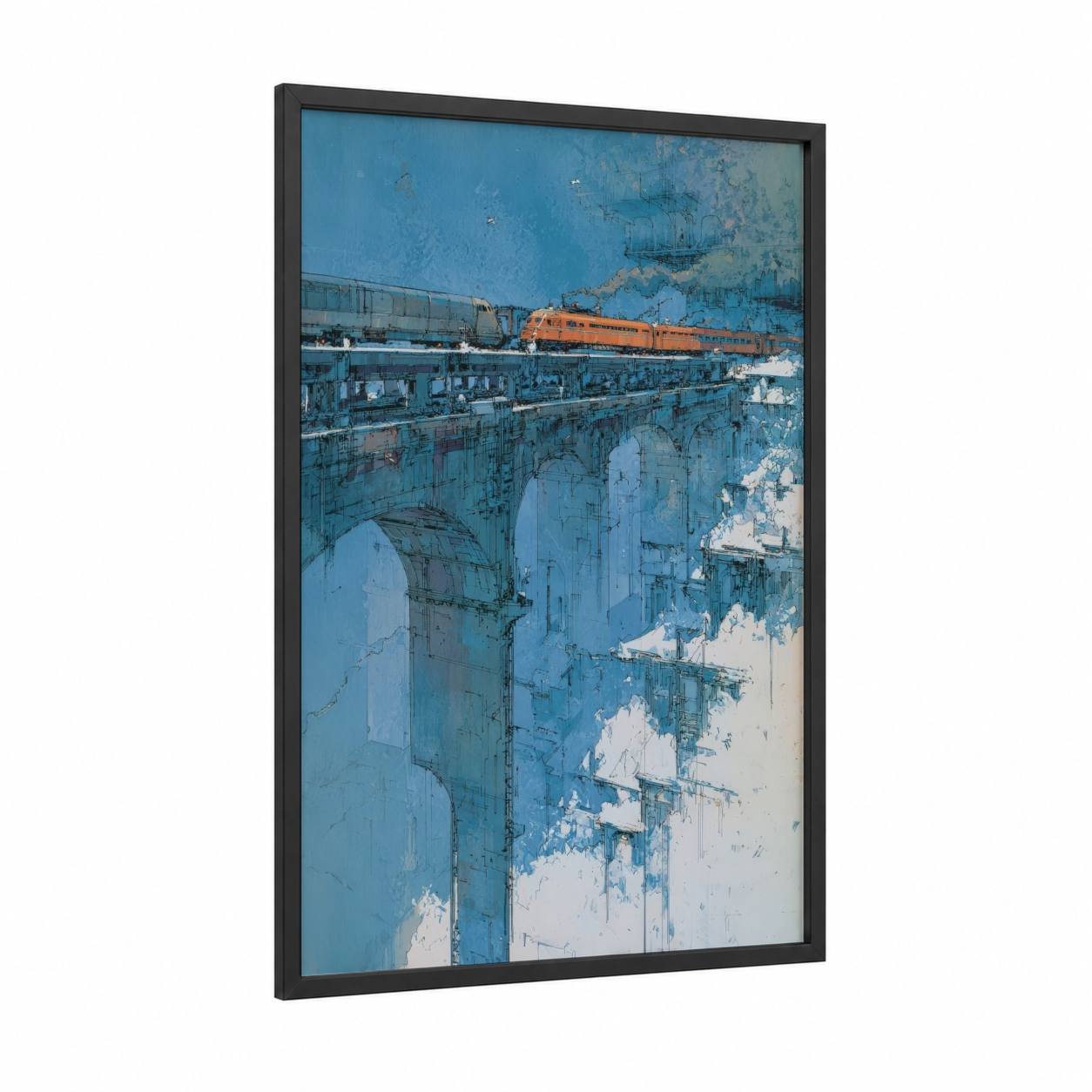 Orange Locomotive Bridge framed train print — black wood frame — blue and orange palette
