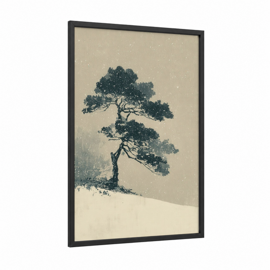 Snowy Bonsai framed winter print — black wood frame — cream and dove gray palette