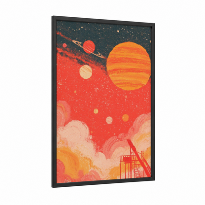Cosmic Sunset framed solar system print — black wood frame — red and orange palette