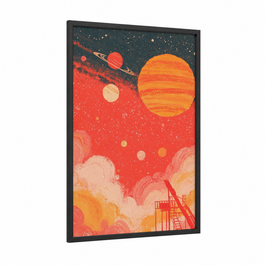 Cosmic Sunset framed solar system print — black wood frame — red and orange palette