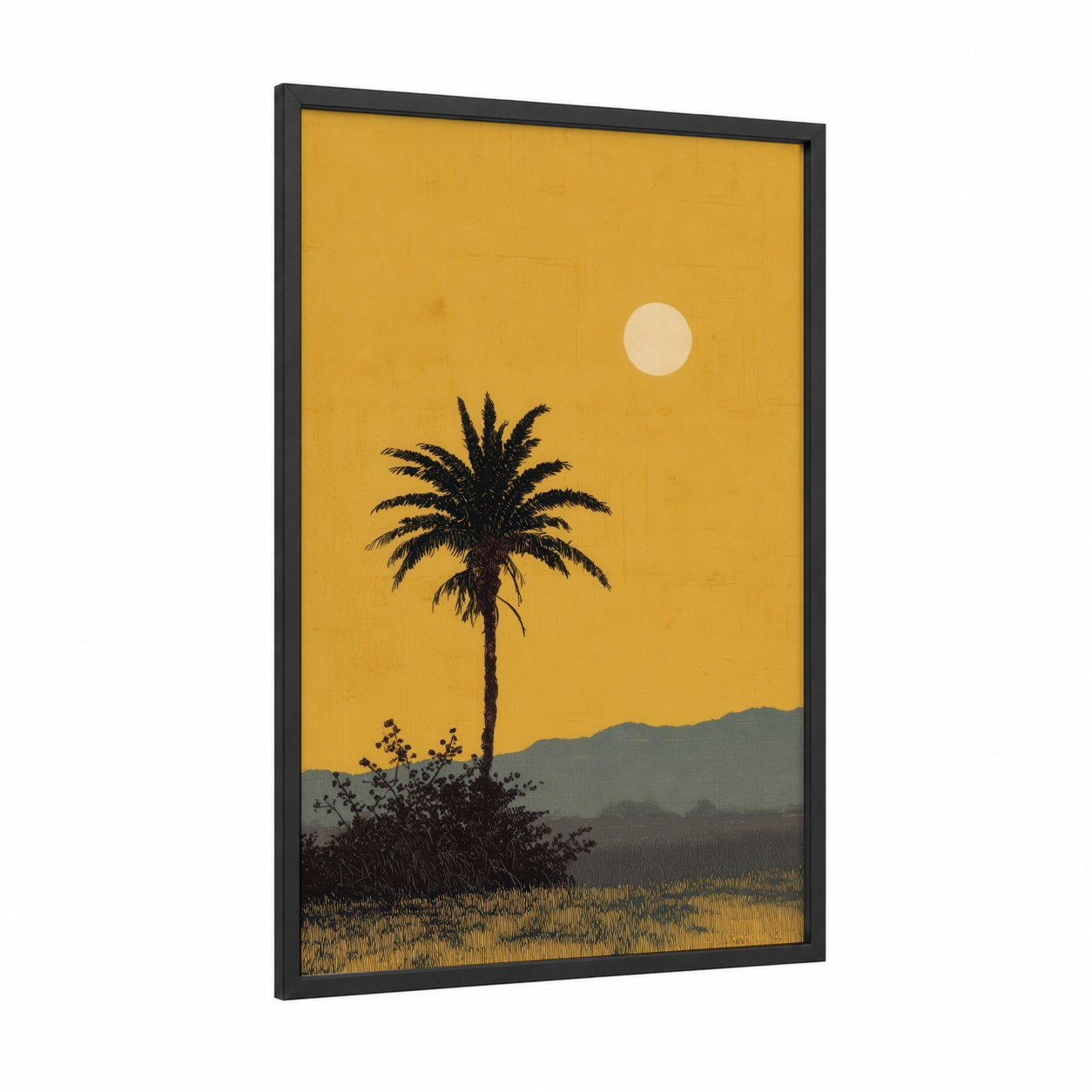 Golden Sunset Palm framed palm tree print — black wood frame — gold and dove gray palette