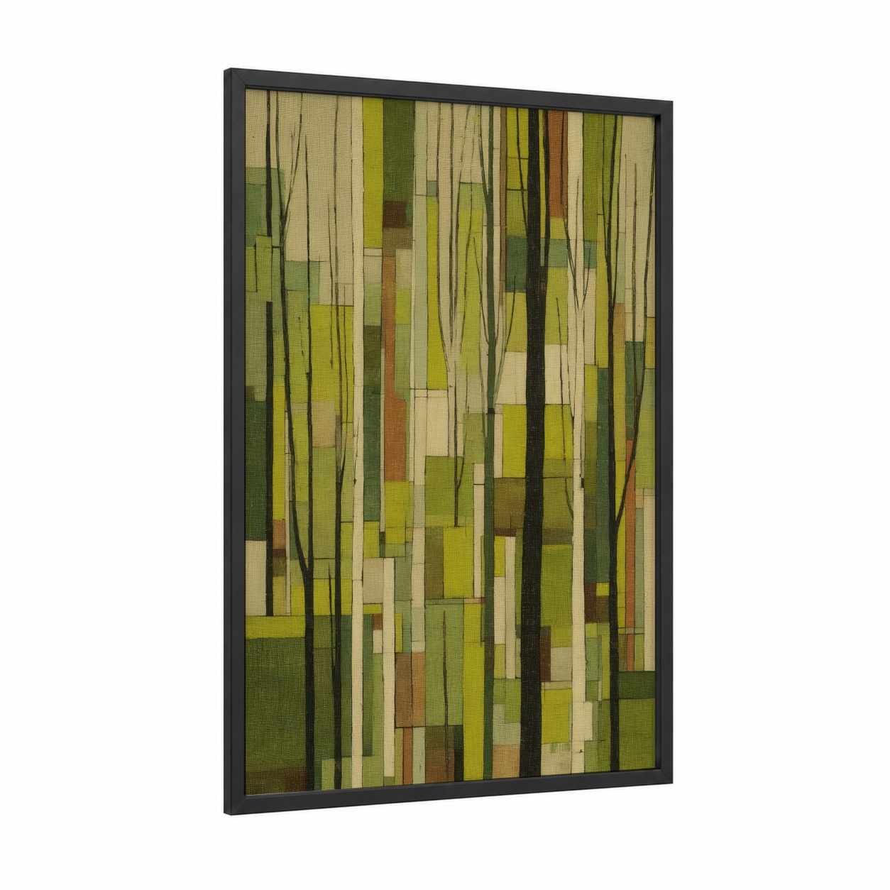 Linden Grove Abstract framed linden tree print — black wood frame — green and cream palette