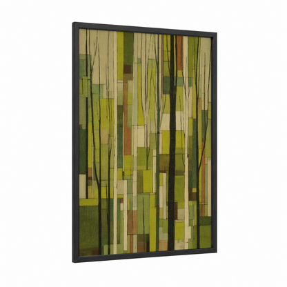 Linden Grove Abstract framed linden tree print — black wood frame — green and cream palette
