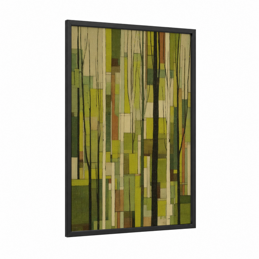 Linden Grove Abstract framed linden tree print — black wood frame — green and cream palette