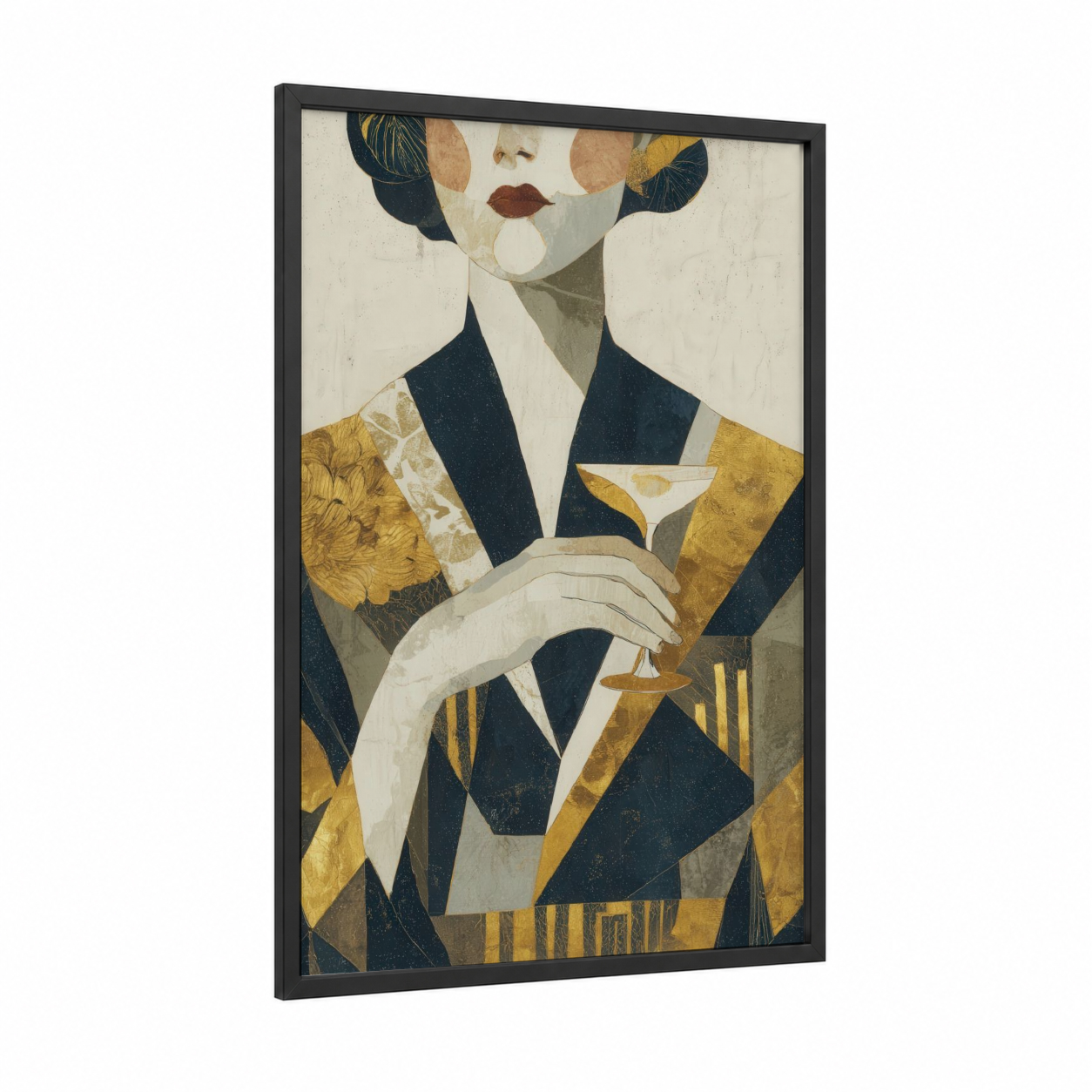 Elegant Wine Moment framed white wine print — black wood frame — gold and dark blue palette