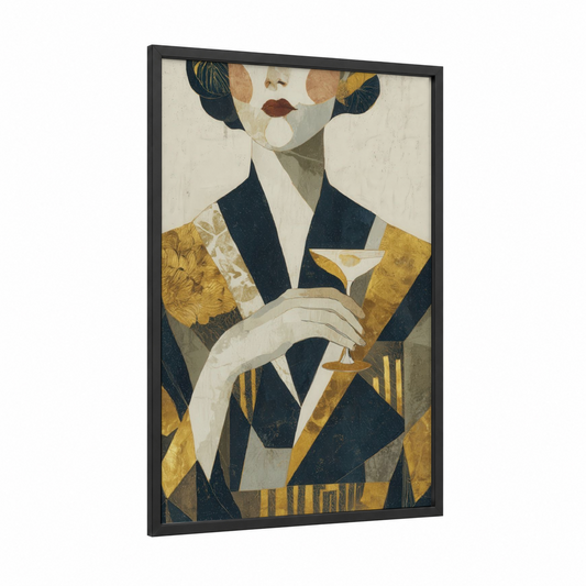 Elegant Wine Moment framed white wine print — black wood frame — gold and dark blue palette