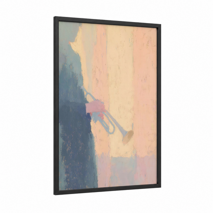 Golden Trumpet Reverie framed art print — black wood frame — peach and blue palette