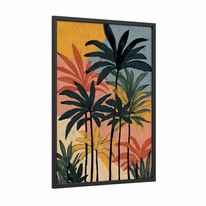 Tropical Palm Garden framed palm forest print — black wood frame — gold and orange palette