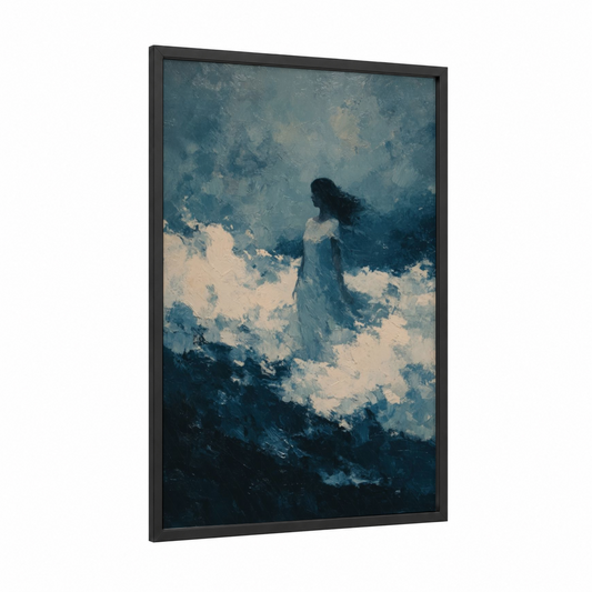 Ocean Reverie Mermaid framed art print — black wood frame — teal and cream palette