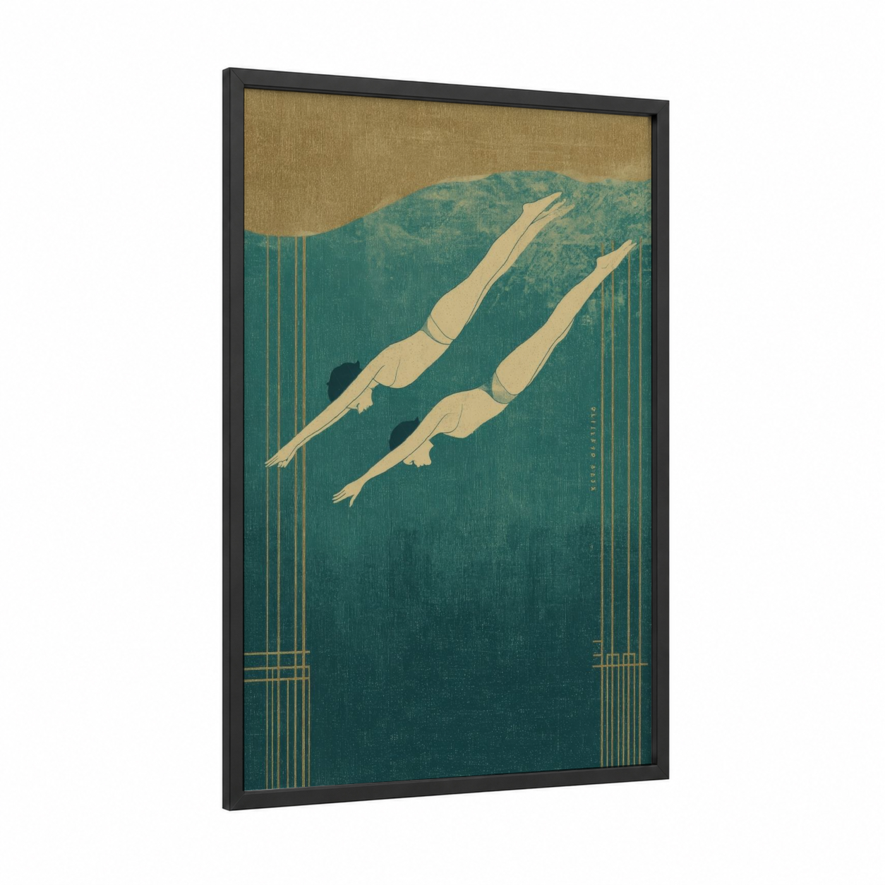 Synchronized Swimmers framed synchronized swimming print — black wood frame — teal and gold palette