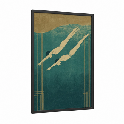 Synchronized Swimmers framed synchronized swimming print — black wood frame — teal and gold palette