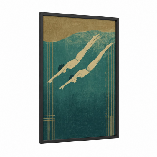 Synchronized Swimmers framed synchronized swimming print — black wood frame — teal and gold palette