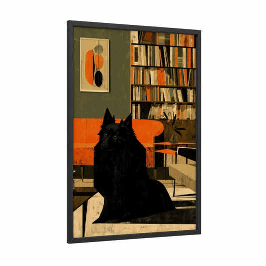 Modern Spitz framed art print — black wood frame — orange and black palette